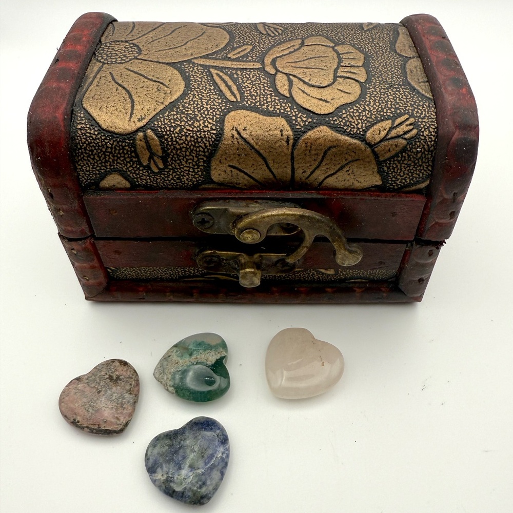 Keepsake Small Jewelry Box w/ Variety of Heart Shaped Natural Stones - 3 inches